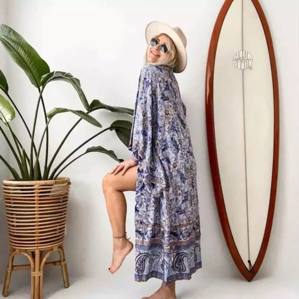 Lavender Floral & Paisley Print Kimono Bohemian Duster Wrap Coverup Top Casual - Picture 1 of 2